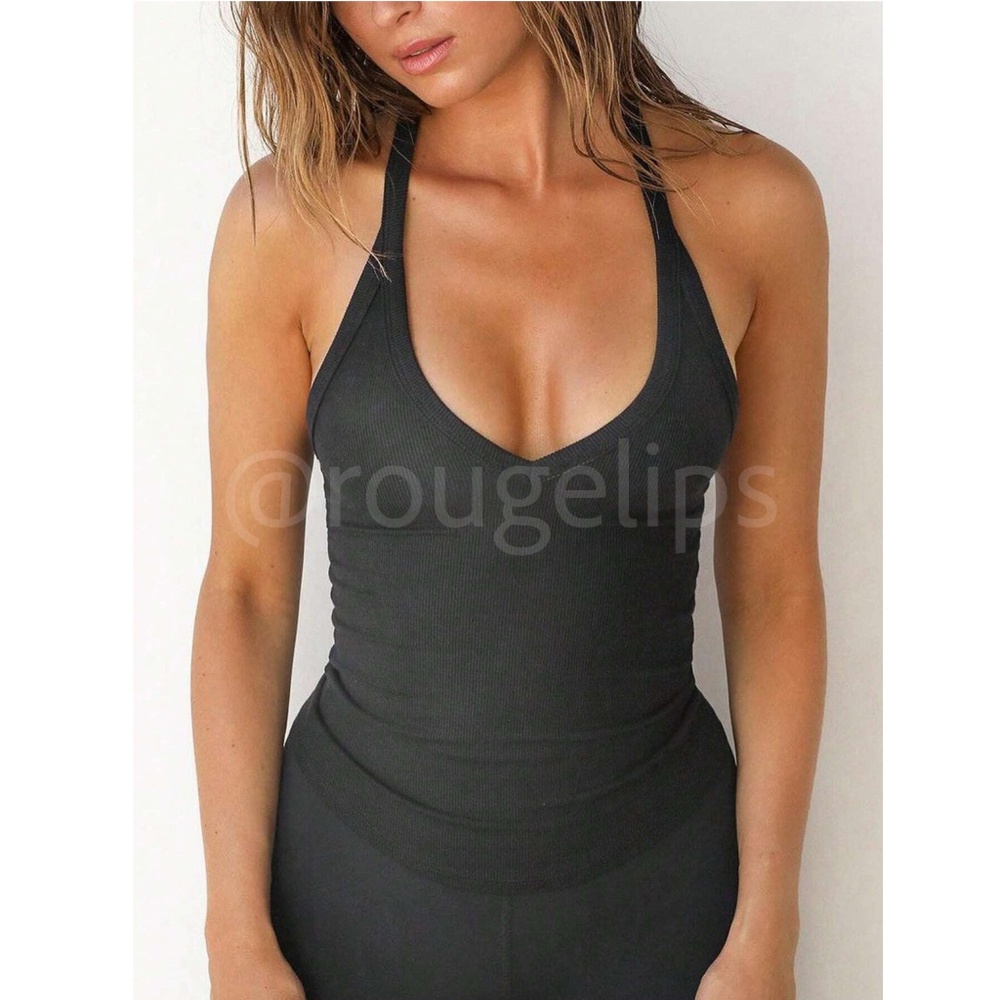 Black Ribbed Tank Top Racerback V-Neck Slim Fit Stretchy - Picture 2 of 7
